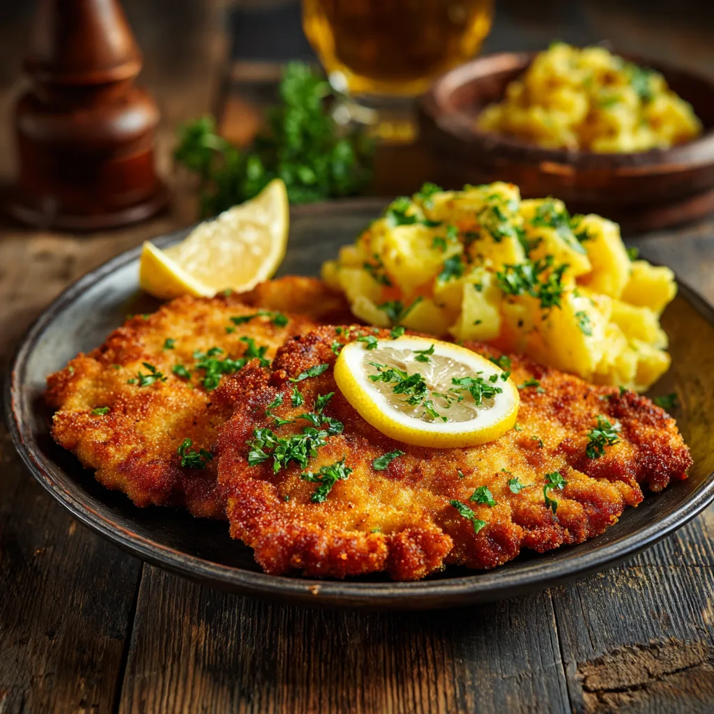 Fertiges Schnitzel mit Zitrone angerichtet auf Teller