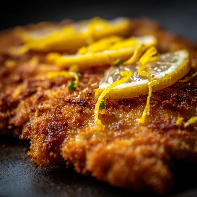 Nahaufnahme knusprige Panade Schnitzel mit Zitrone