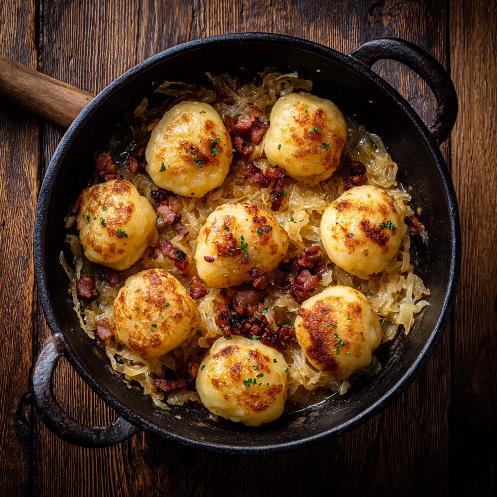 Schupfnudeln mit Sauerkraut in einer gusseisernen Pfanne – Draufsicht