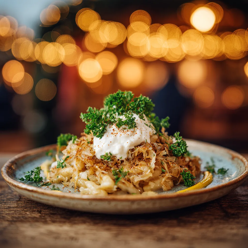 Fertige Schupfnudeln mit Sauerkraut auf dem Teller – herzhaftes deutsches Rezept