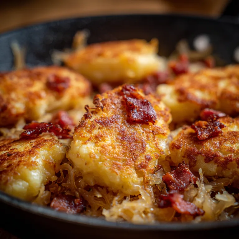 Nahaufnahme knuspriger Schupfnudeln mit Sauerkraut und Speck