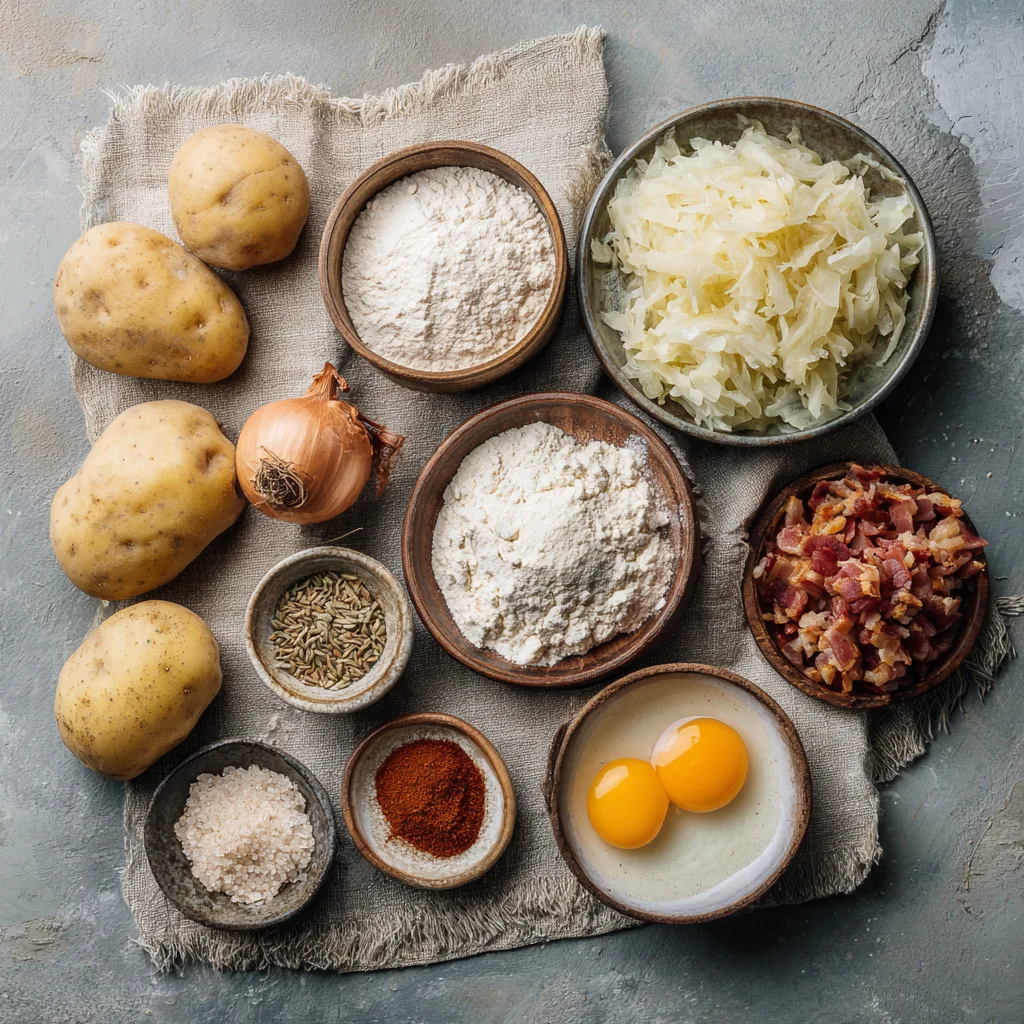 Alle Zutaten für Schupfnudeln mit Sauerkraut – Flat Lay Draufsicht