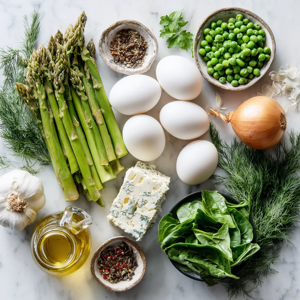 Zutaten für Shakshuka mit Frühlingsgemüse Flat Lay