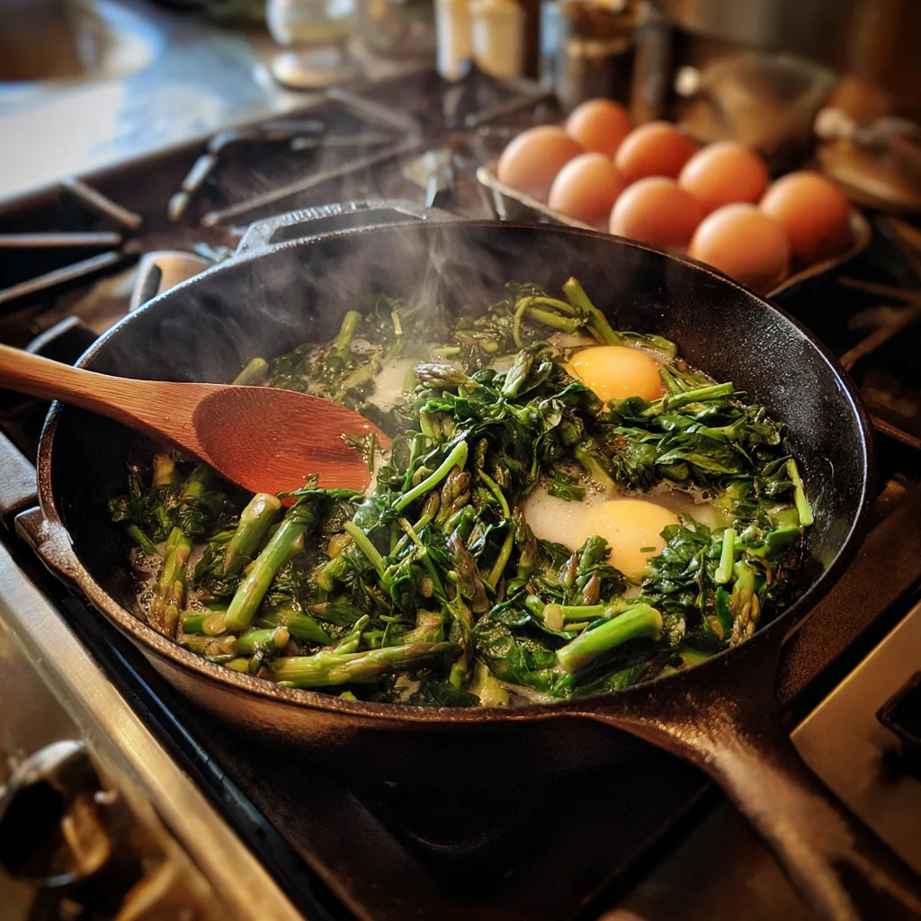 Shakshuka mit Frühlingsgemüse anbraten in Pfanne