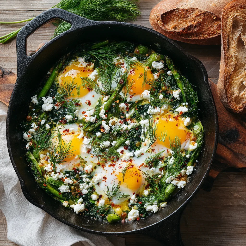 Shakshuka mit Frühlingsgemüse in Gusseisenpfanne von oben