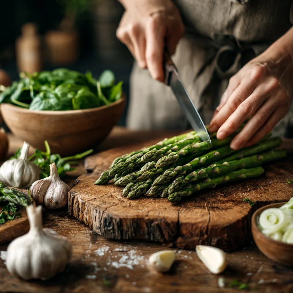 Vorbereitung Shakshuka Frühlingsgemüse Spargel schneiden