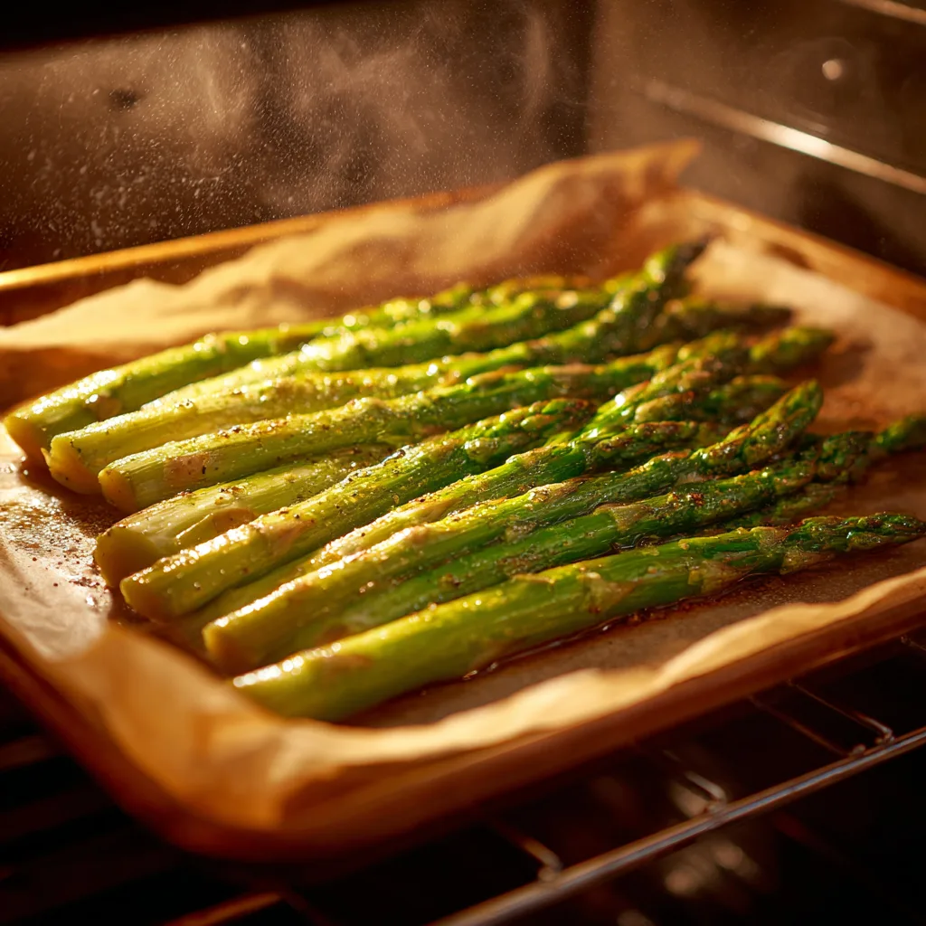 Spargel im Ofen geröstet auf dem Backblech mit Olivenöl und Gewürzen