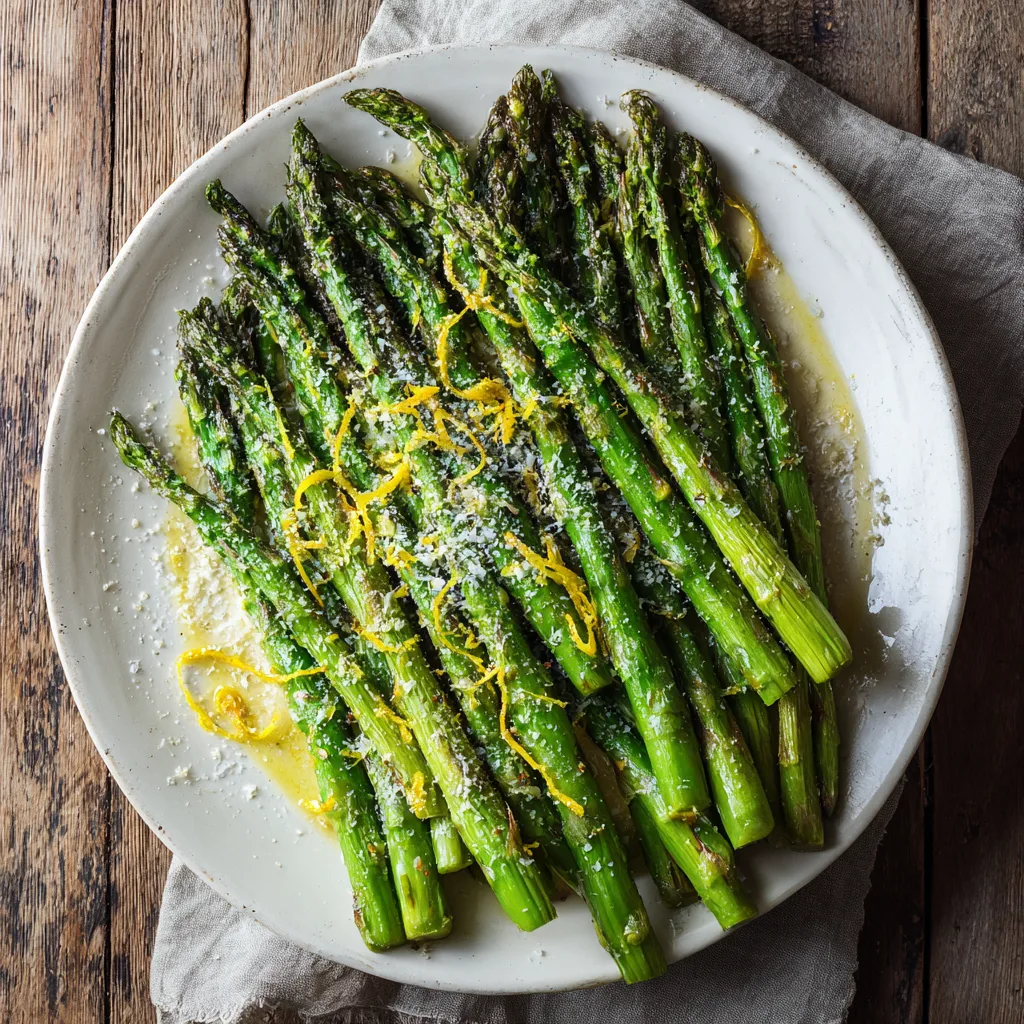 Spargel im Ofen geröstet – Draufsicht auf dem Teller mit Zitrone und Parmesan
