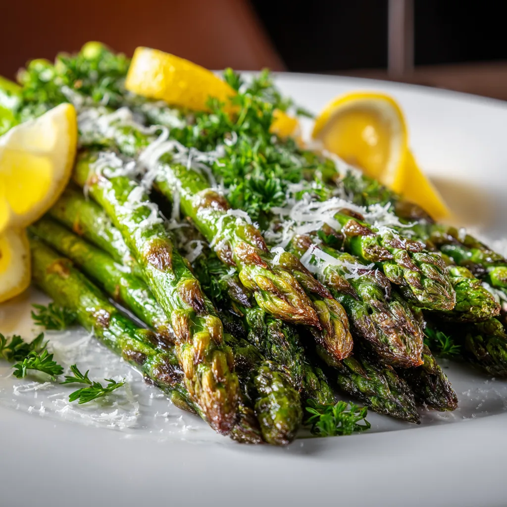 Fertig gerösteter Spargel im Ofen geröstet auf einem eleganten Teller serviert