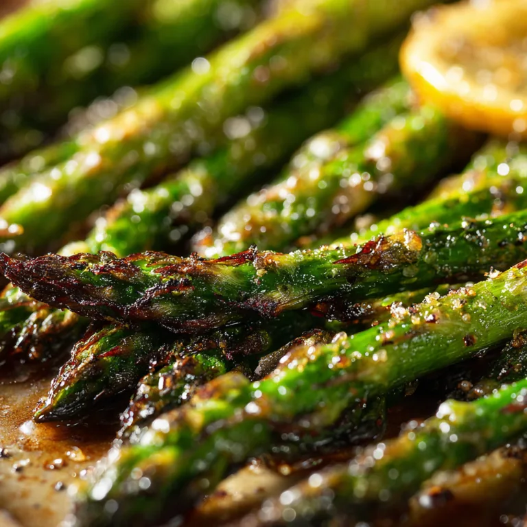 Nahaufnahme von Spargel im Ofen geröstet mit knusprigen Spitzen und Zitronensaft