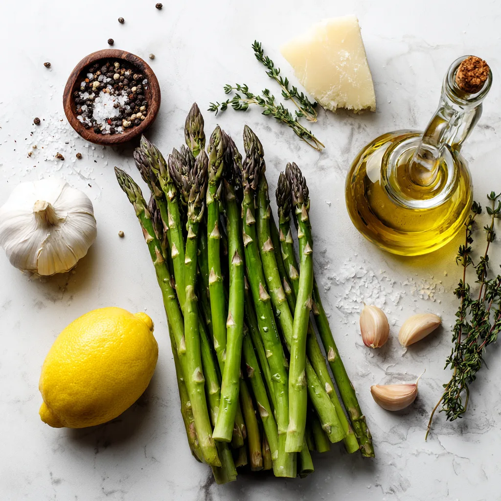 Zutaten für Spargel im Ofen geröstet – Spargel, Olivenöl, Zitrone, Knoblauch