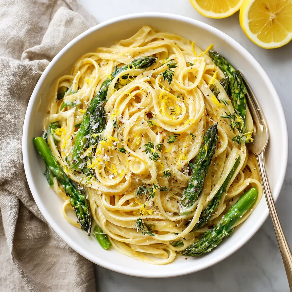 Spargel-Pasta mit Zitronenrahmsauce in einer weißen Schüssel von oben fotografiert