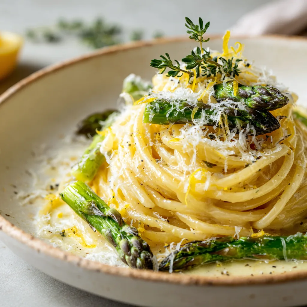 Fertiges Teller-Anrichten von Spargel-Pasta mit Zitronenrahmsauce mit Parmesan und Thymian