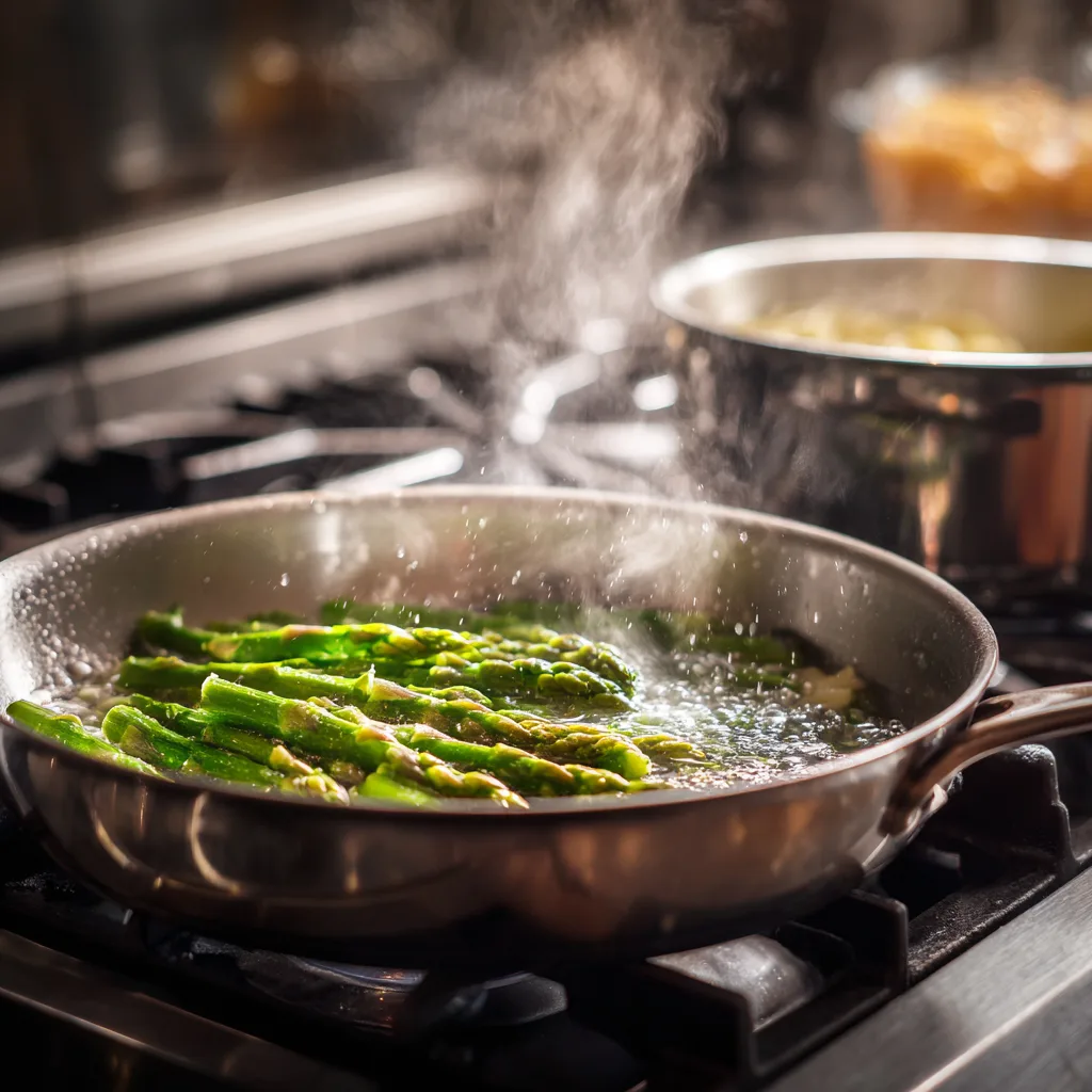 Spargel wird in Butter in der Pfanne angebraten für die Spargel-Pasta mit Zitronenrahmsauce