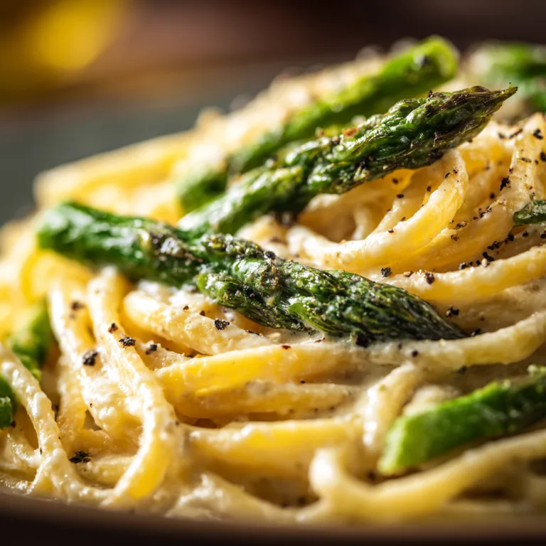 Nahaufnahme der cremigen Zitronenrahmsauce auf Spargel-Pasta mit Parmesan