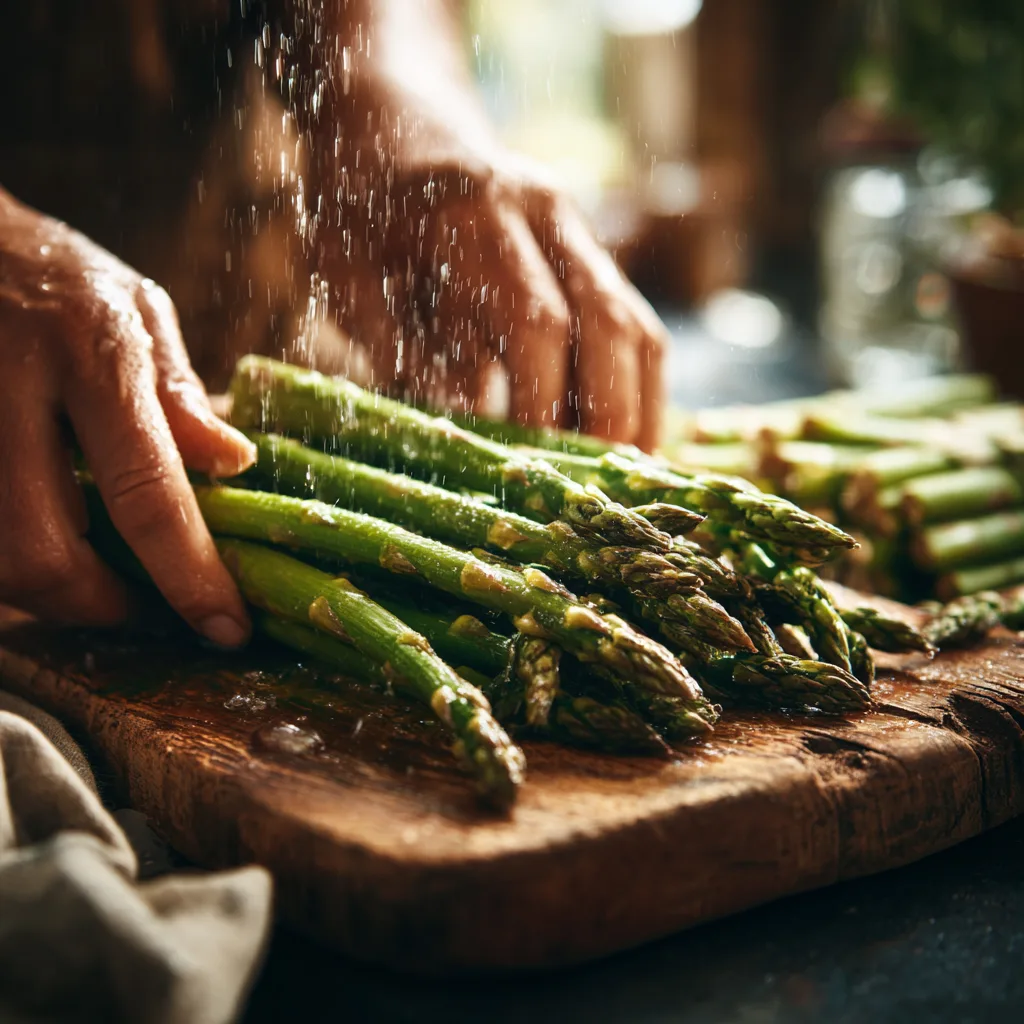 Hände brechen die holzigen Enden vom Spargel für die Spargel-Pasta
