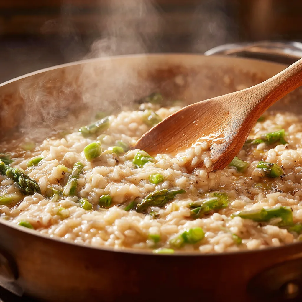 Spargelrisotto mit Parmesan rühren im Topf beim Kochen