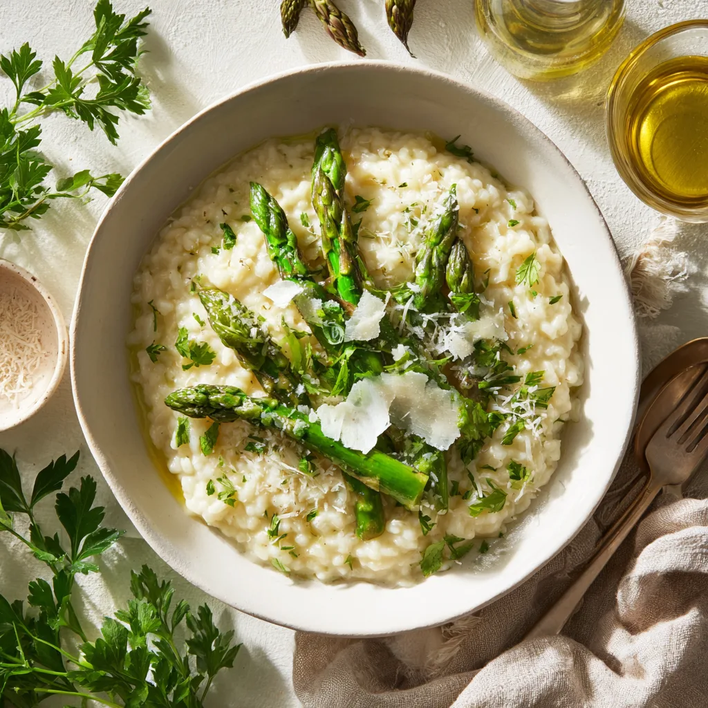 Spargelrisotto mit Parmesan von oben in weißem Teller