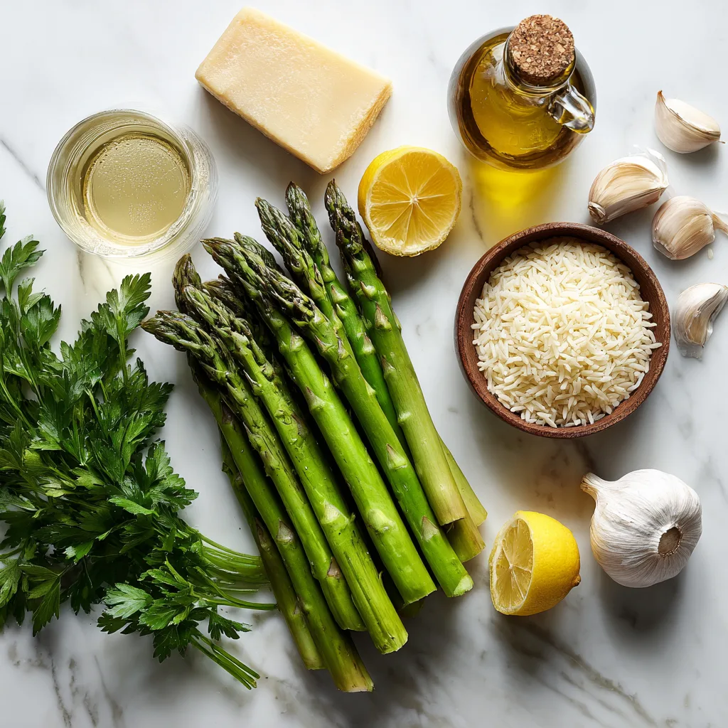 Zutaten für Spargelrisotto mit Parmesan auf Marmortisch