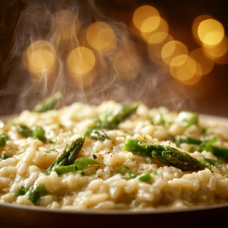 Nahaufnahme Textur von Spargelrisotto mit Parmesan