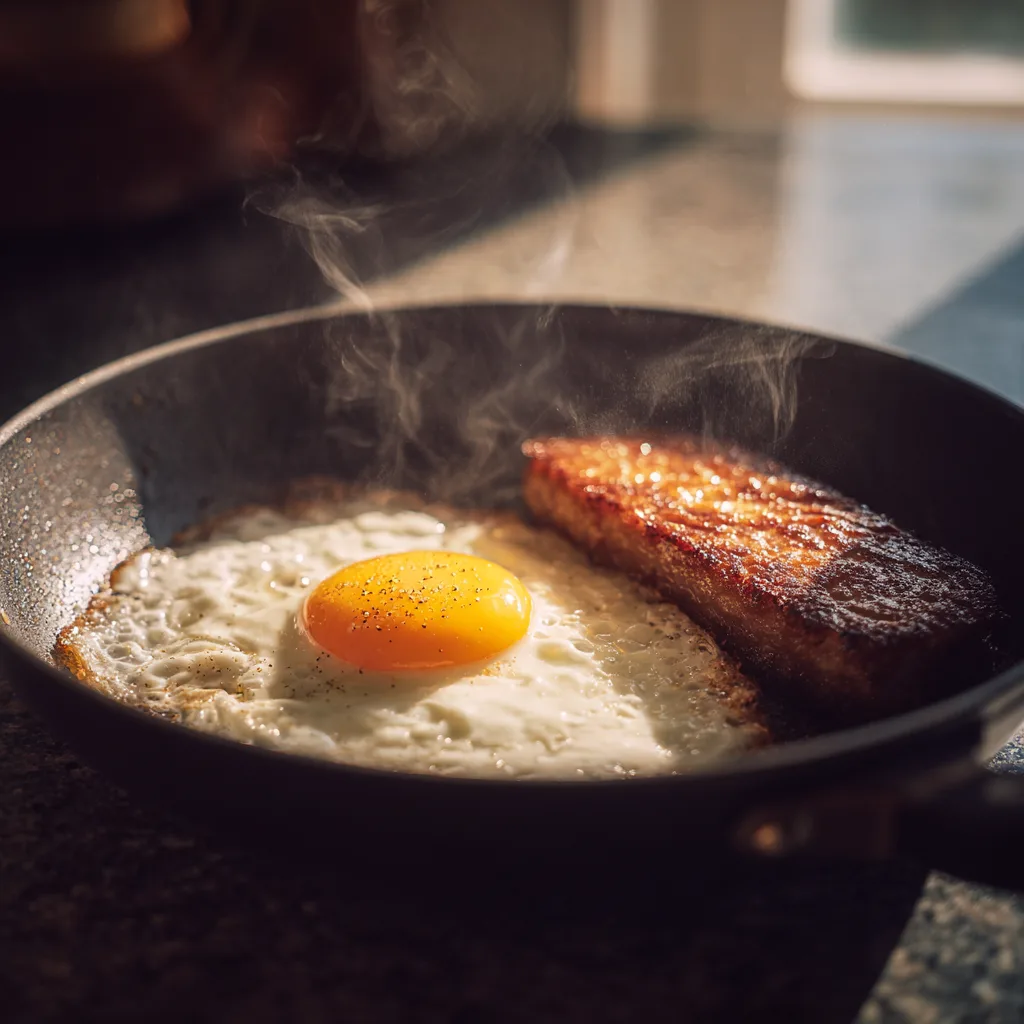 Spiegelei wird sanft in der Pfanne gebraten