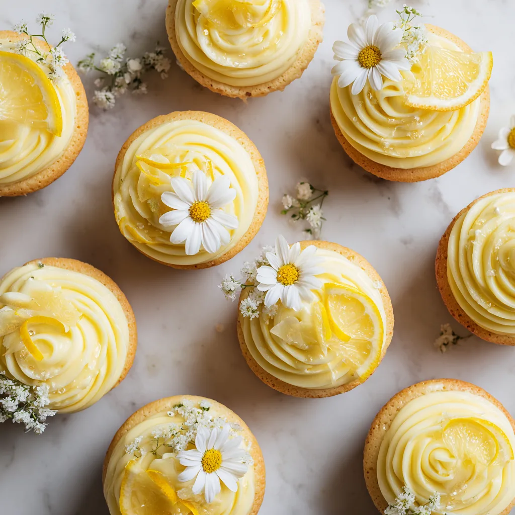 Spritzige Zitronen-Cupcakes von oben auf Marmorplatte mit Zitronenscheiben