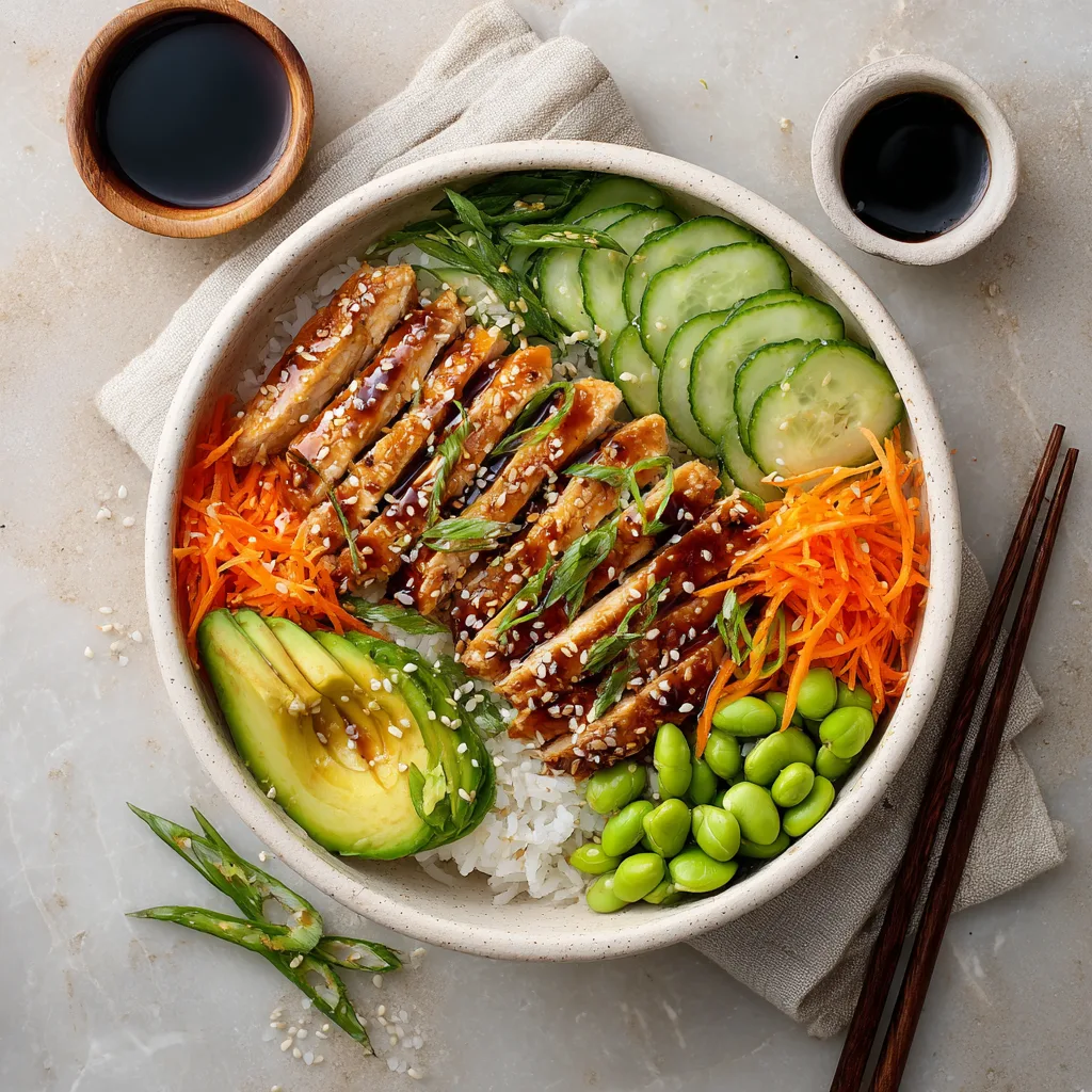 Teriyaki Hähnchen Bowl von oben mit Reis, Gemüse und Sesamkörner