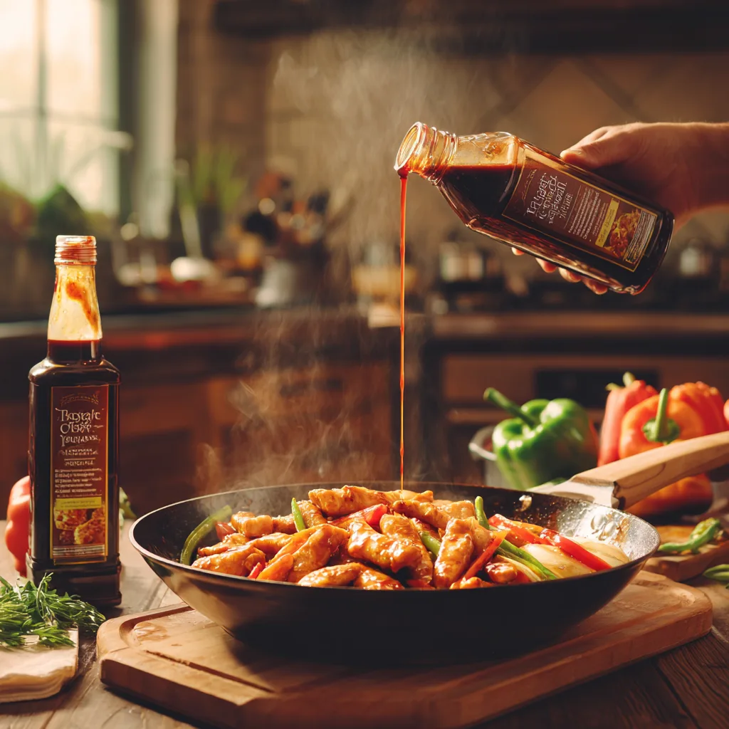 Teriyaki Hähnchen Bowl Zubereitung – Sauce wird in der Pfanne eingekocht