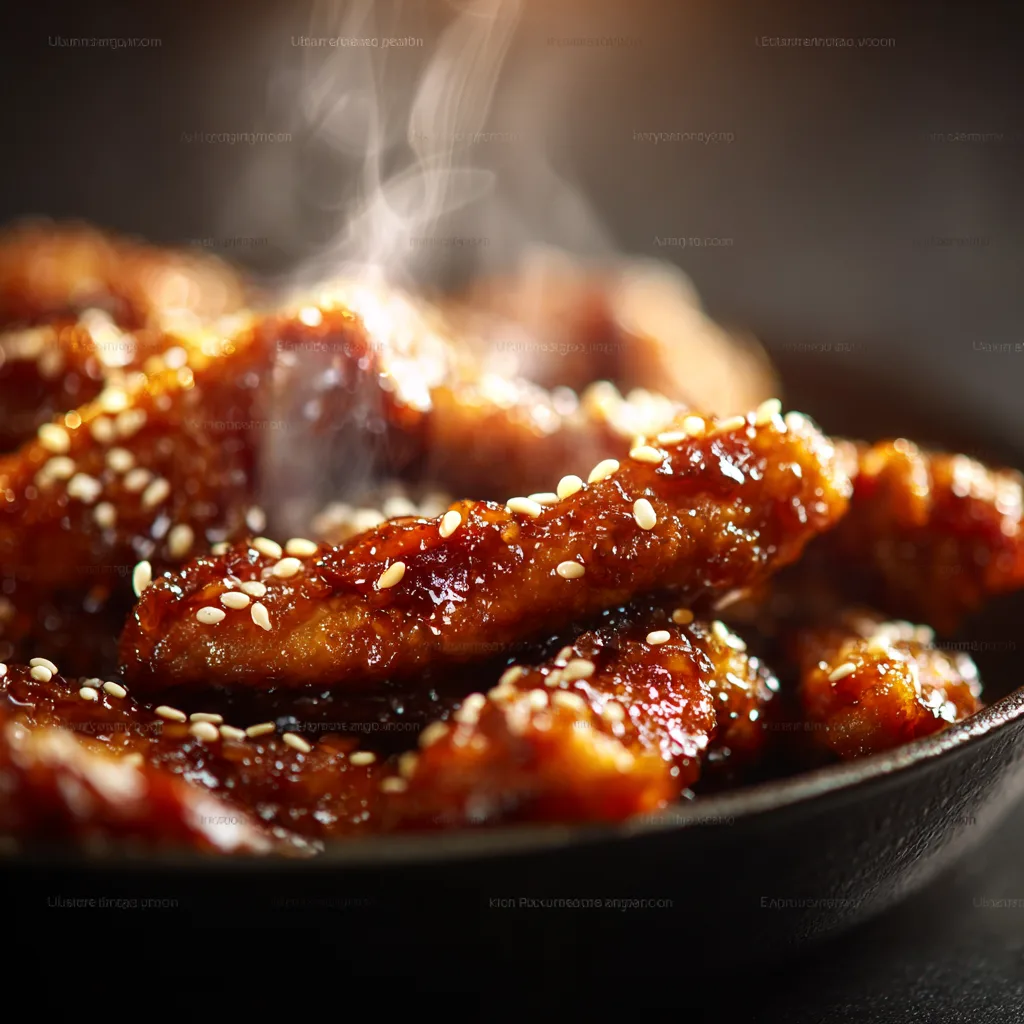 Nahaufnahme von glasierten Teriyaki Hähnchen Streifen mit Sesam