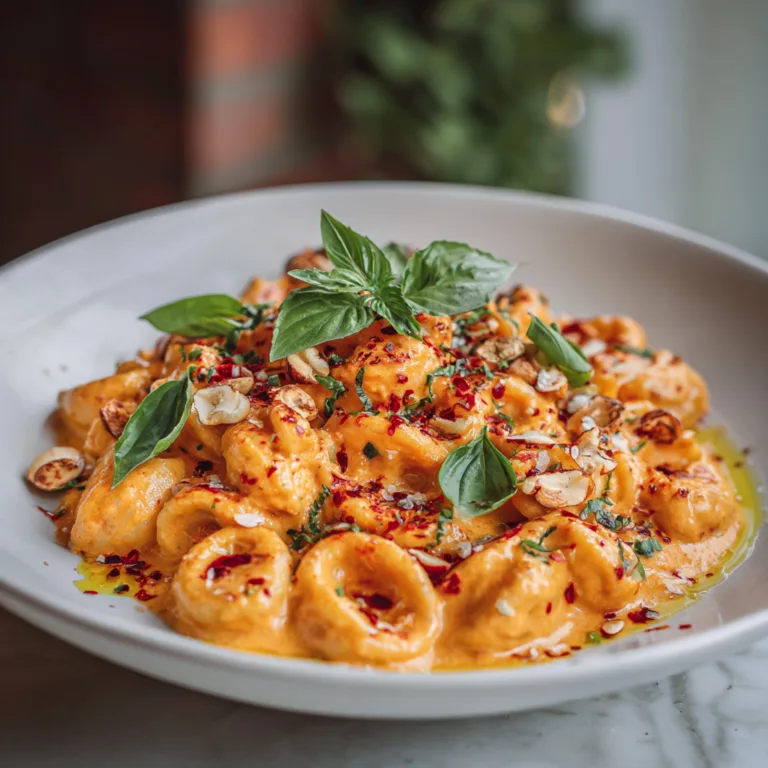 Nahaufnahme der cremigen Sauce der Tomaten Cashew Pasta