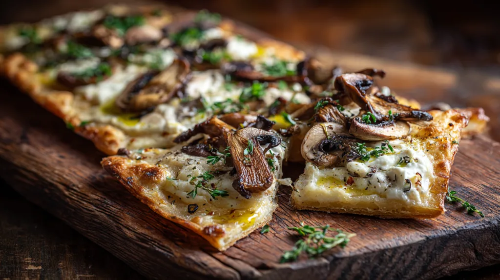 Fertiger Flammkuchen mit Champignons auf Holzbrett