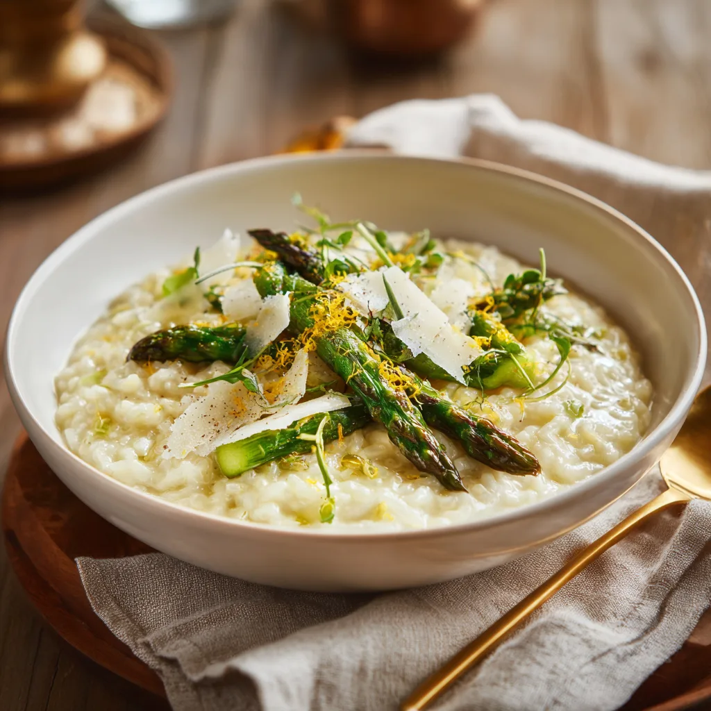 Cremiges Spargelrisotto mit Parmesan angerichtet wie beim Italiener