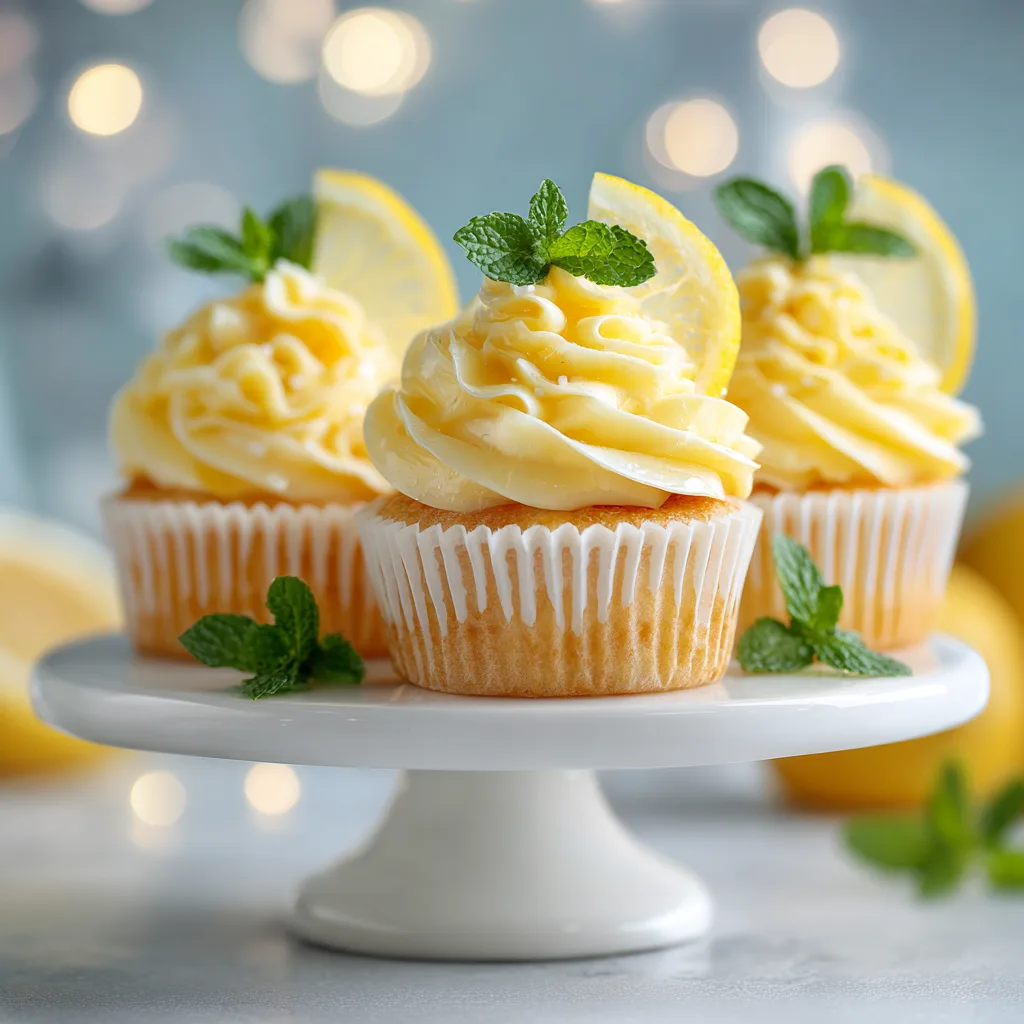 Drei fertige spritzige Zitronen-Cupcakes auf weißem Kuchenständer