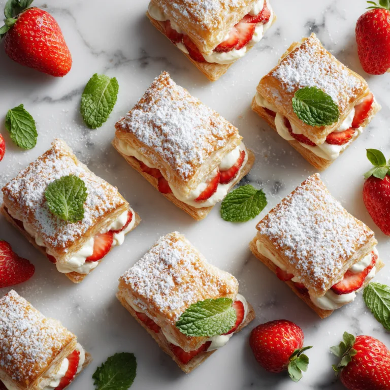 Vanillecreme Gebäck von oben auf Marmortisch mit Puderzucker und Beeren