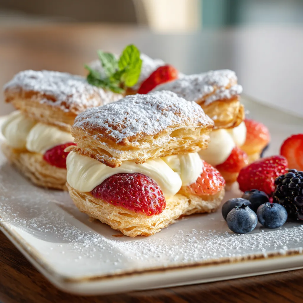 Fertiges Vanillecreme Gebäck mit Sahnecreme auf weißem Teller serviert