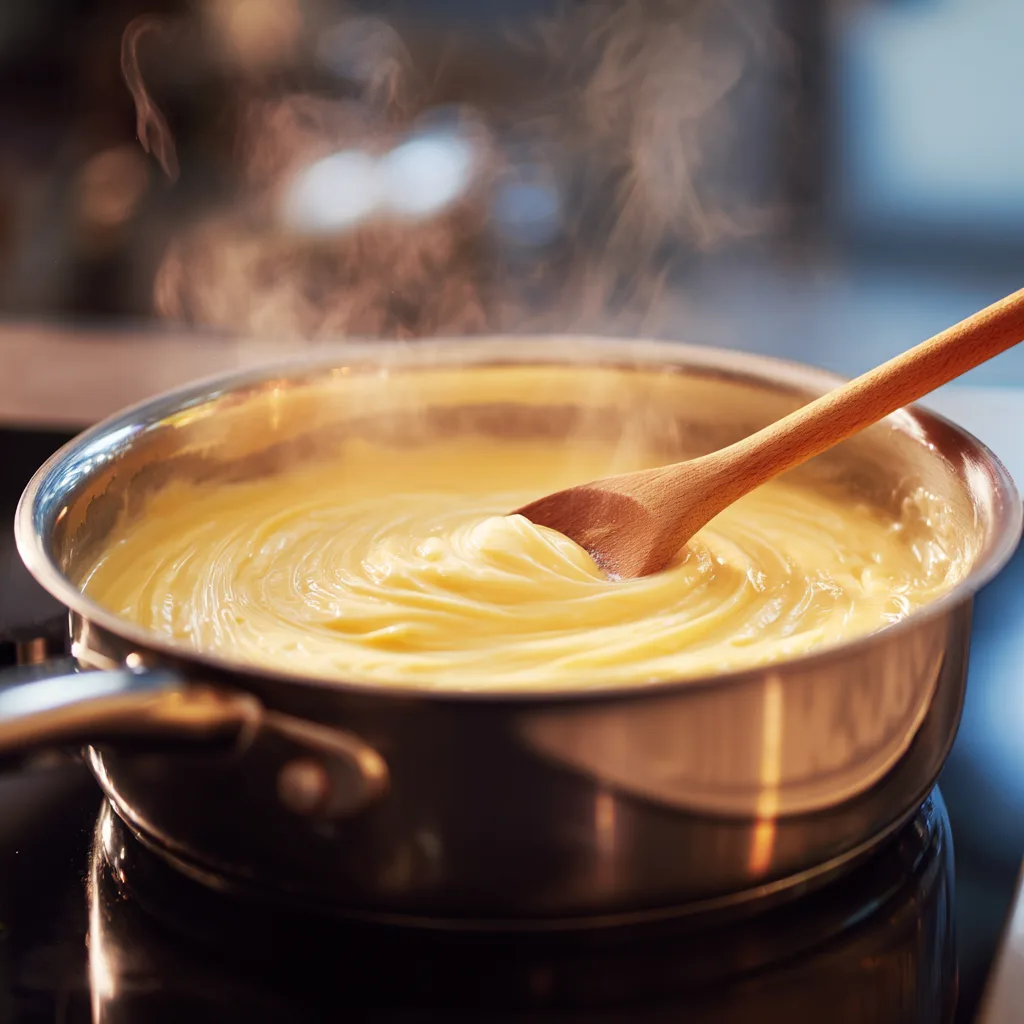 Vanillecreme für Gebäck auf dem Herd rühren bis sie eindickt