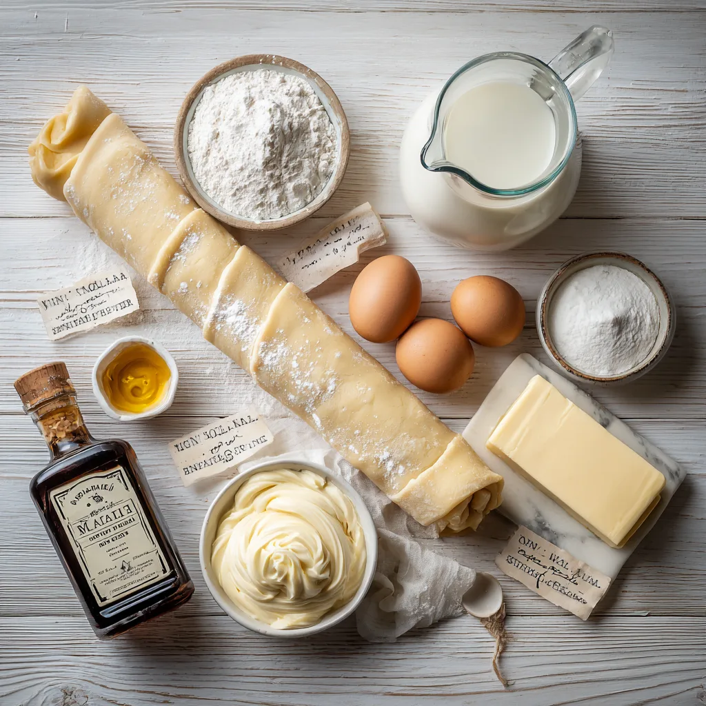 Alle Zutaten für Vanillecreme Gebäck auf Holztisch angeordnet