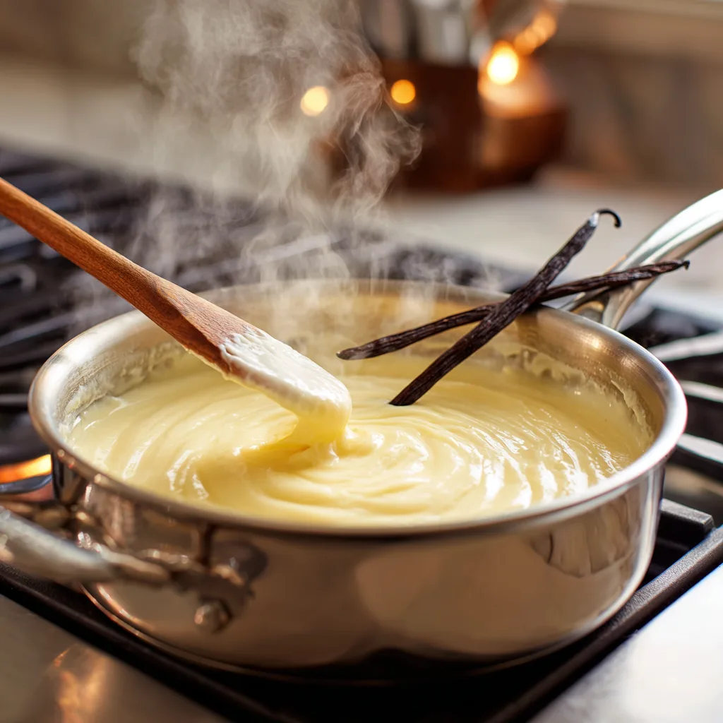 Vanillecreme in Topf rühren für Erdbeerkuchen