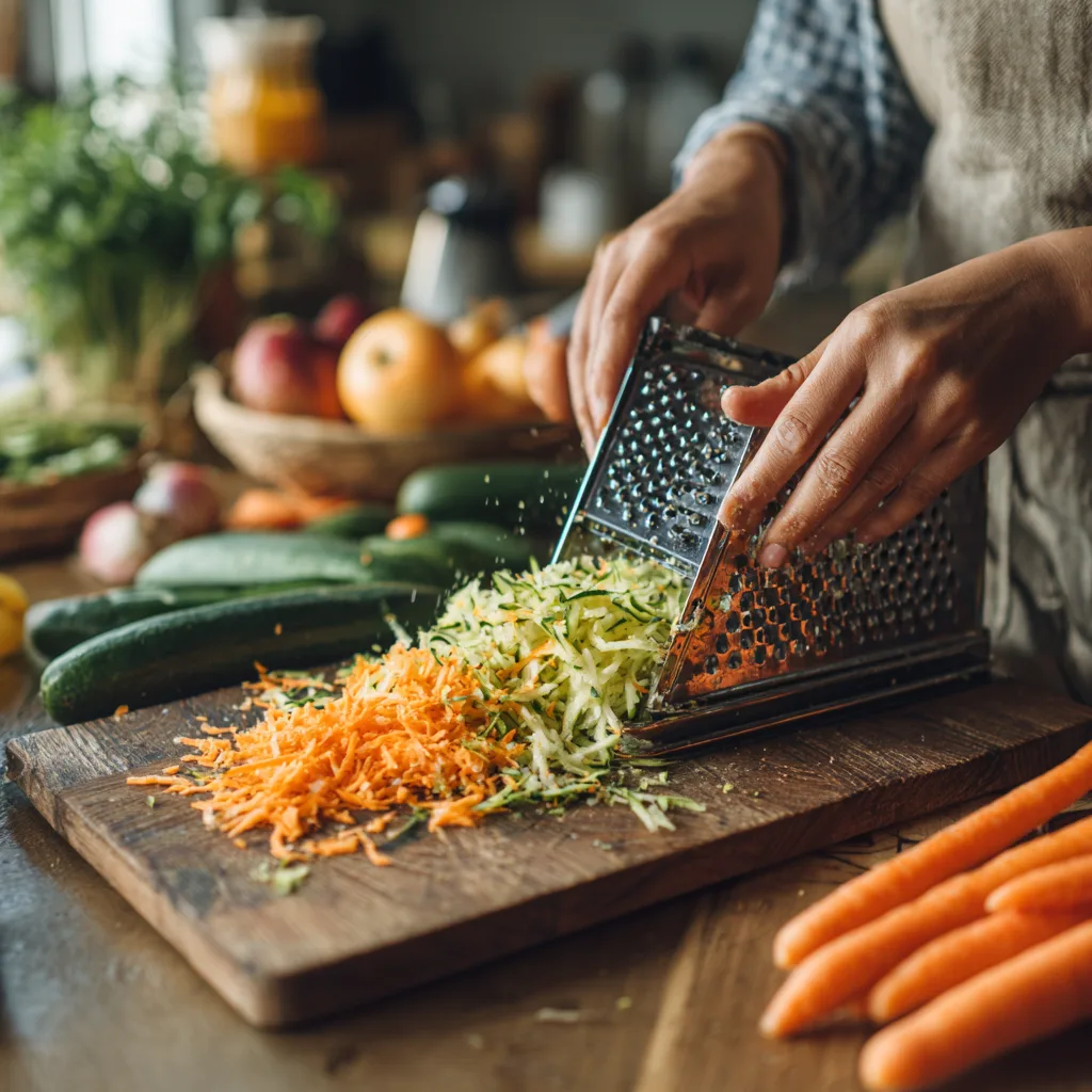 Zucchini und Karotten reiben für Familienessen mit verstecktem Gemüse