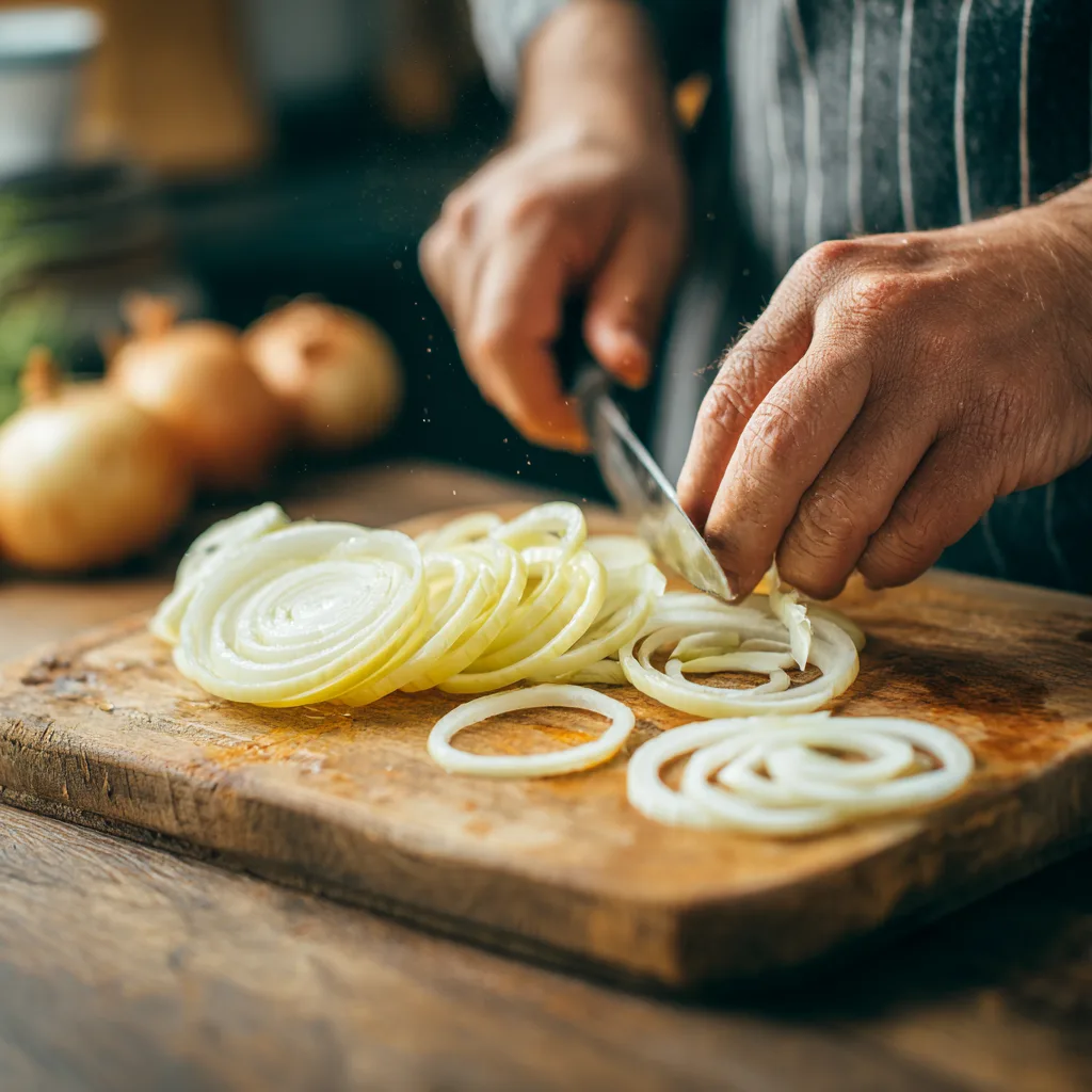 Zwiebeln schneiden als Vorbereitung für Käsespätzle mit Röstzwiebeln
