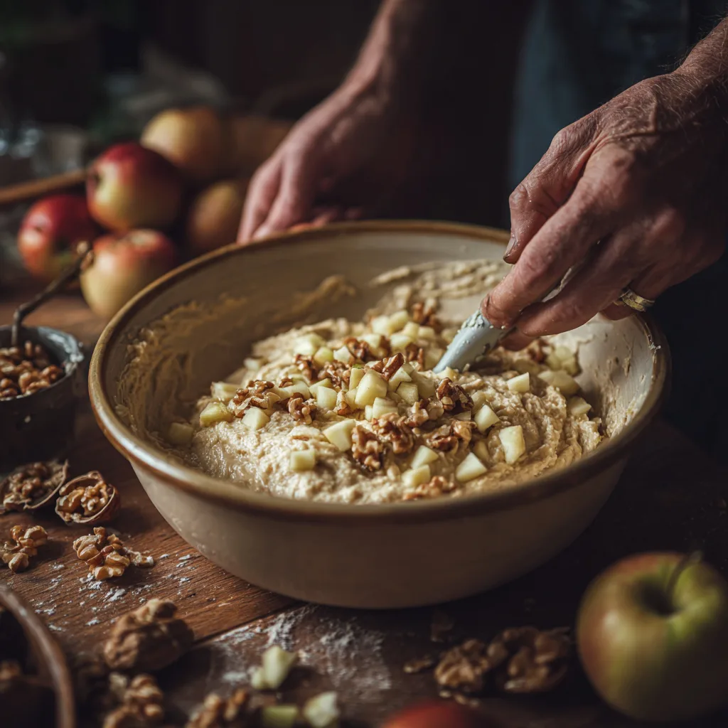 Waldorf Obstkuchen Teig mit Äpfeln und Walnüssen verrühren