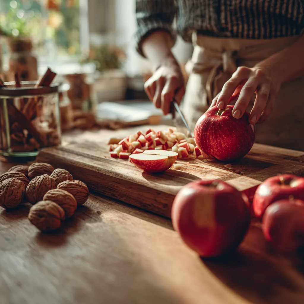Äpfel schälen und schneiden für Waldorf Obstkuchen Vorbereitung