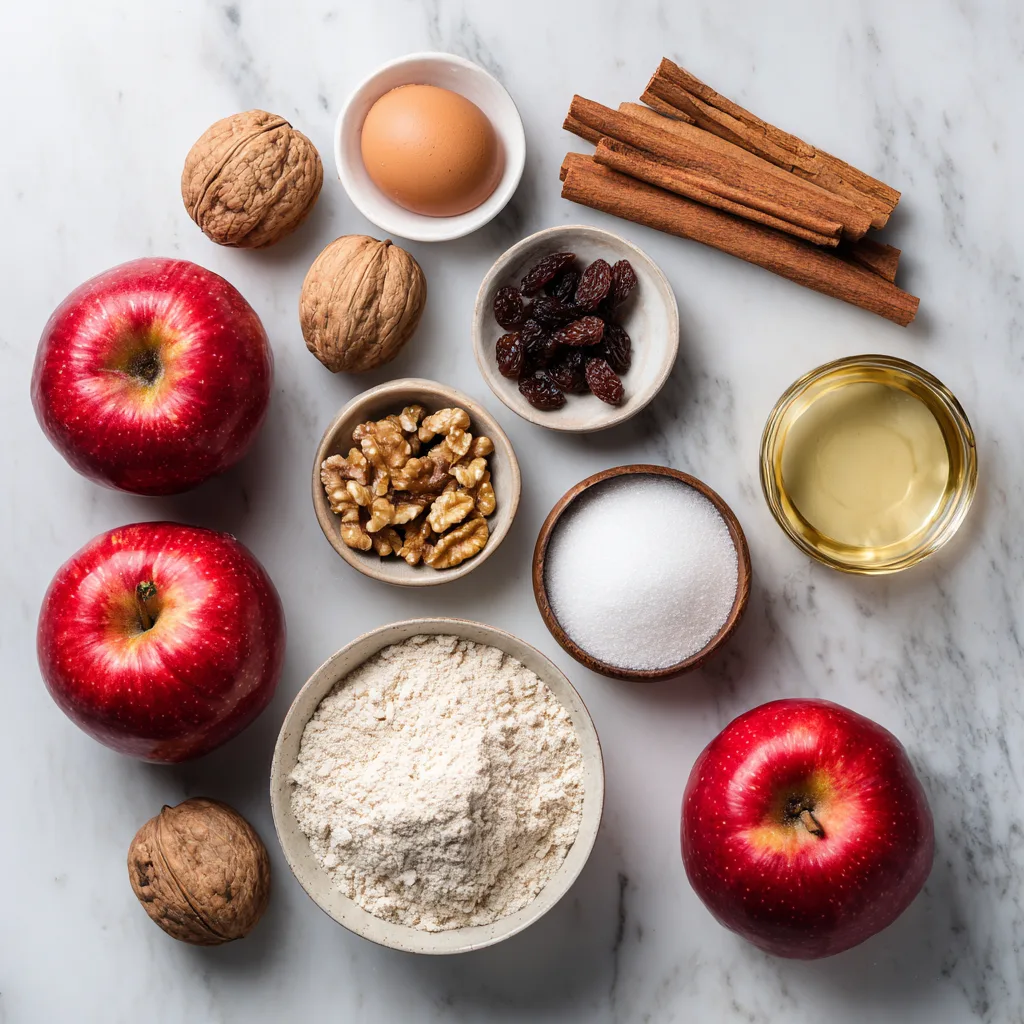 Zutaten für Waldorf Obstkuchen Flat Lay mit Äpfeln Walnüssen und Gewürzen
