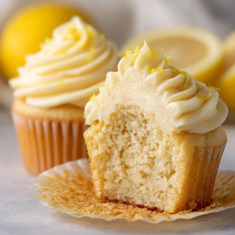 Nahaufnahme eines aufgeschnittenen spritzigen Zitronen-Cupcakes mit lockerem Teig