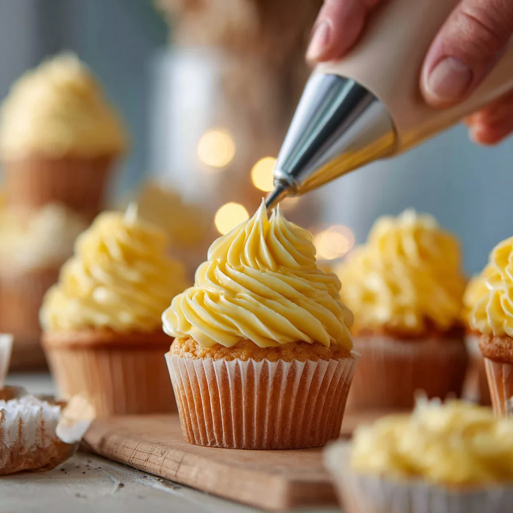 Buttercreme-Frosting auf spritzige Zitronen-Cupcakes spritzen