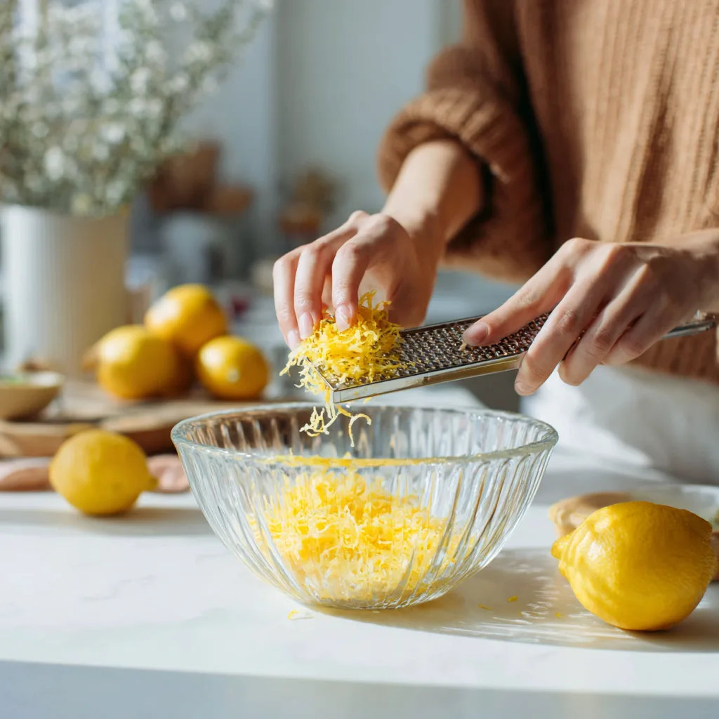 Hände reiben Zitronenschale für spritzige Zitronen-Cupcakes