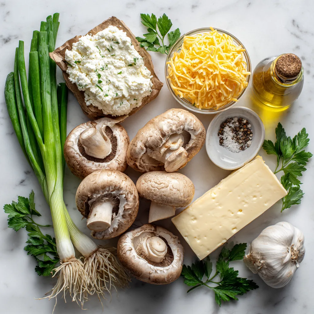 Zutaten für Airfryer gefüllte Champignons auf Marmorplatte