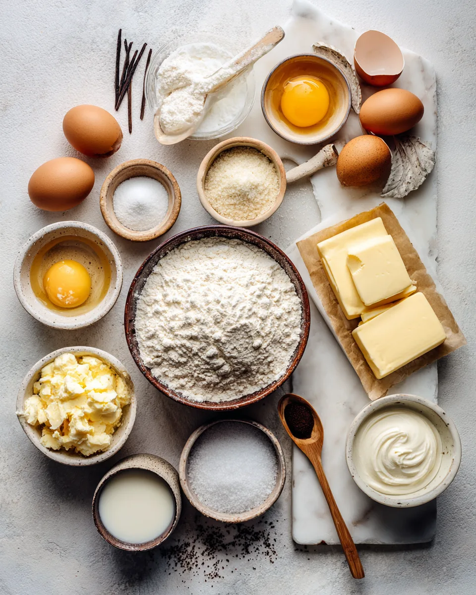 Zutaten für Berliner mit Vanillecreme auf Marmor