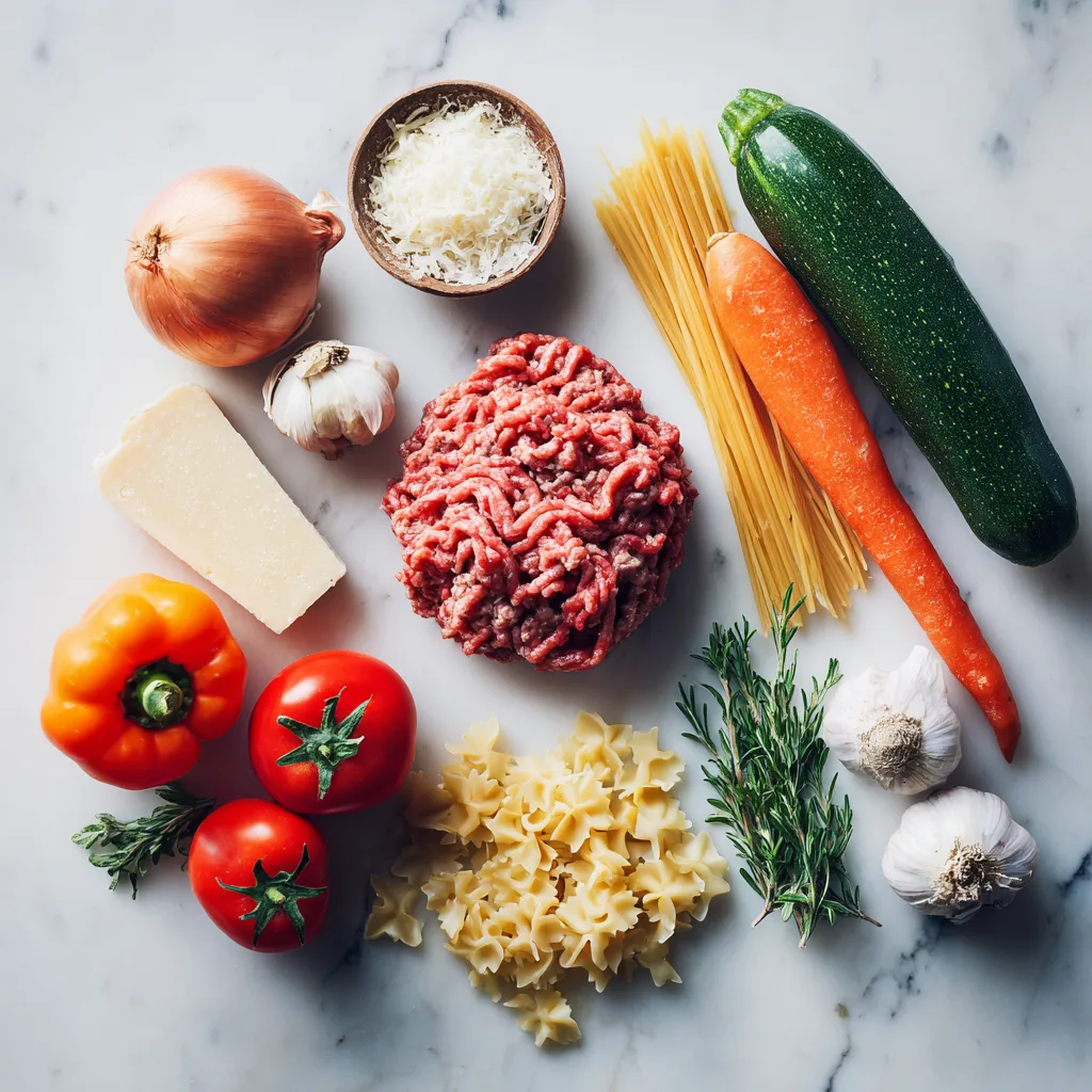 Zutaten für Familienessen mit verstecktem Gemüse auf Marmor