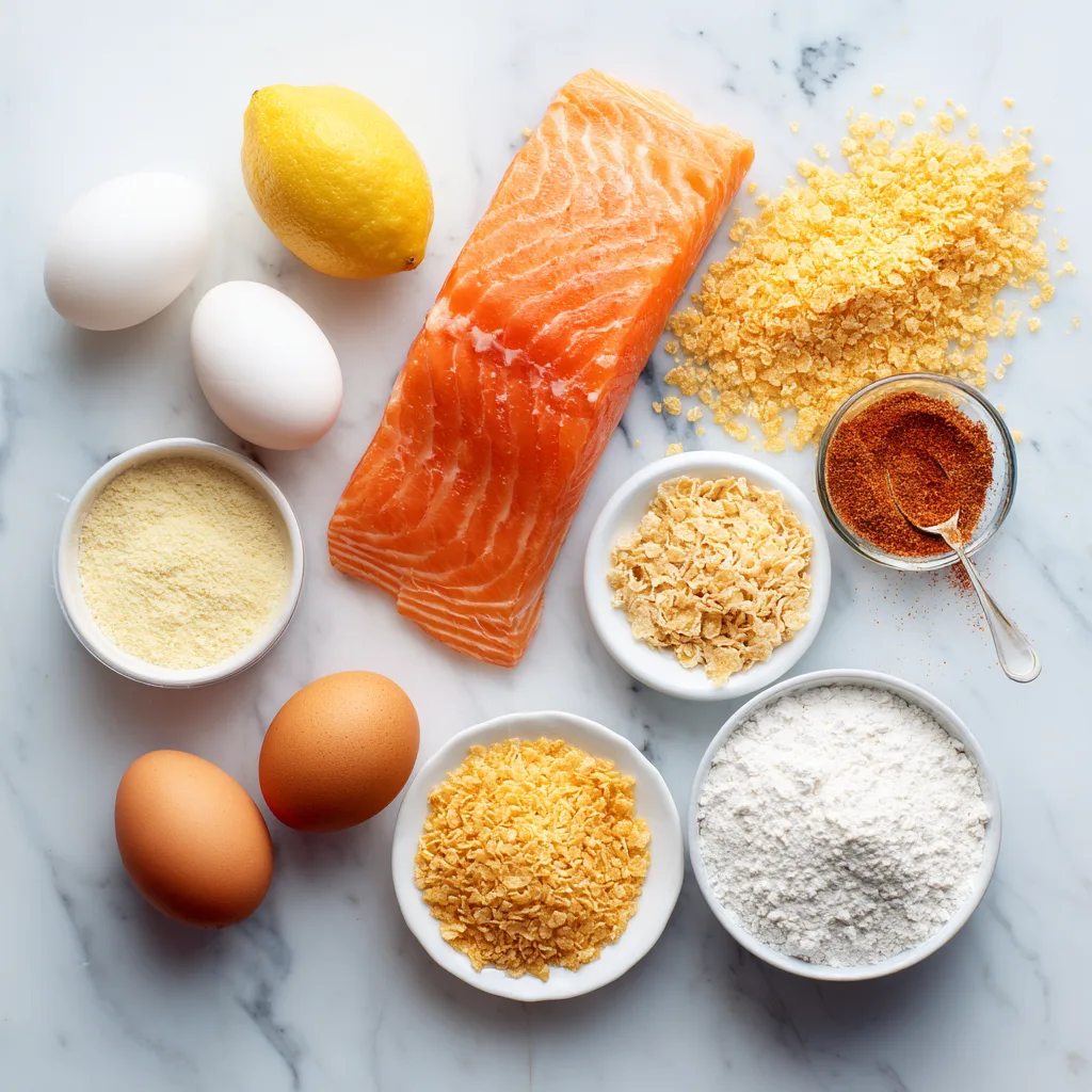 Zutaten für Fisch-Nuggets aus Lachs auf Marmorplatte